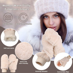 Faux Fur Mittens Fingerless Gloves Winter Warm, Soft Half Finger Fuzzy Lined Wool Mittens, Knitted Clamshell Gloves, Convertible Flips for Women Girl, Finger flexibility (2 Pair)