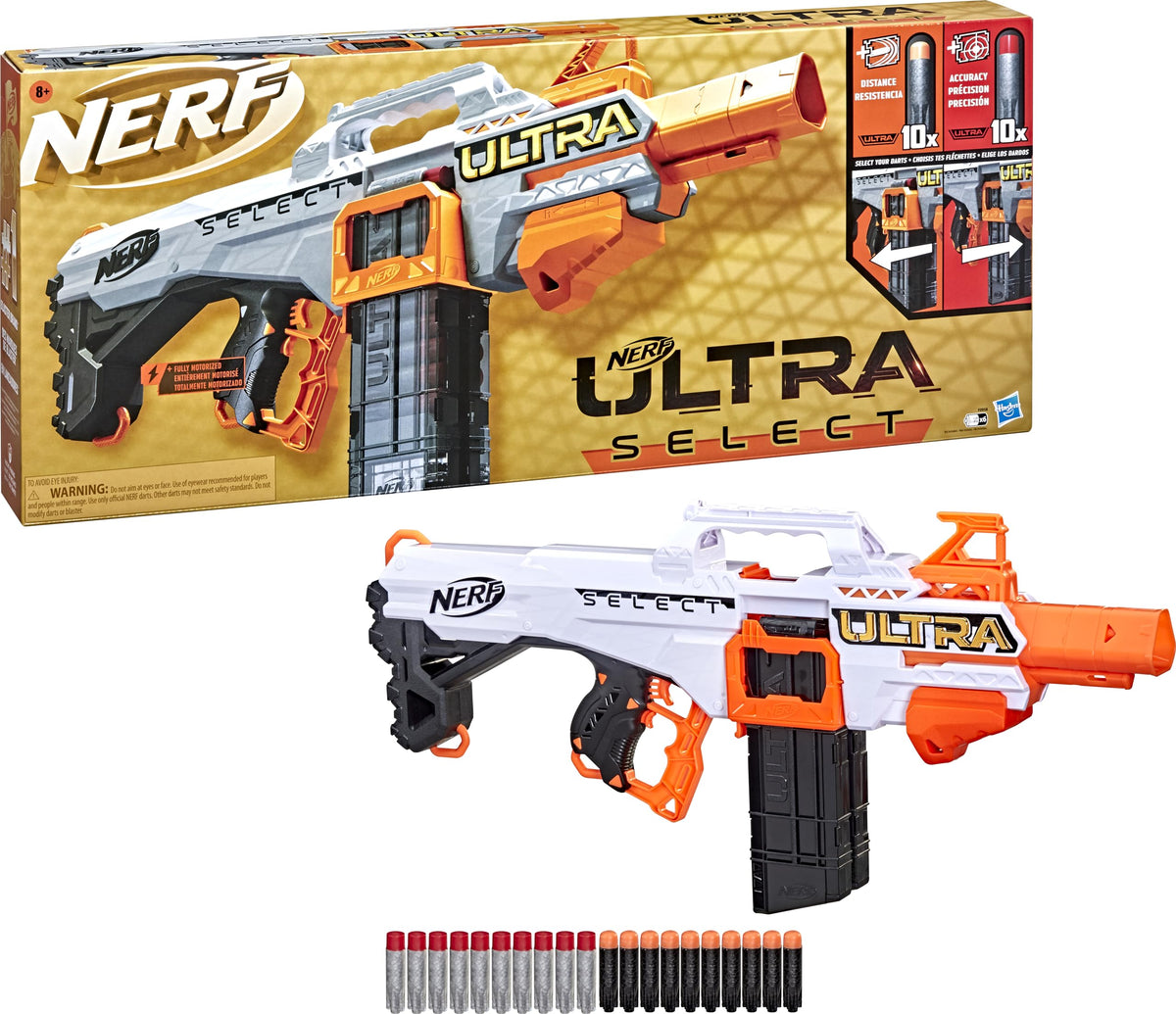 Nerf Ultra Select Fully Motorized Blaster, Fire for Distance or Accuracy, Includes Clips and Darts, Outdoor Games and Toys, Automatic Electric Full Auto Toy Foam Blasters
