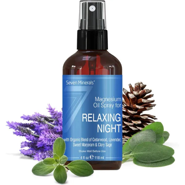 Seven Minerals Relaxing Night Magnesium Spray, Powerful Organic Blend of Essential Oils (Cedarwood, Lavendar, Sweet Marjoram, & Clary Sage) 4 fl oz