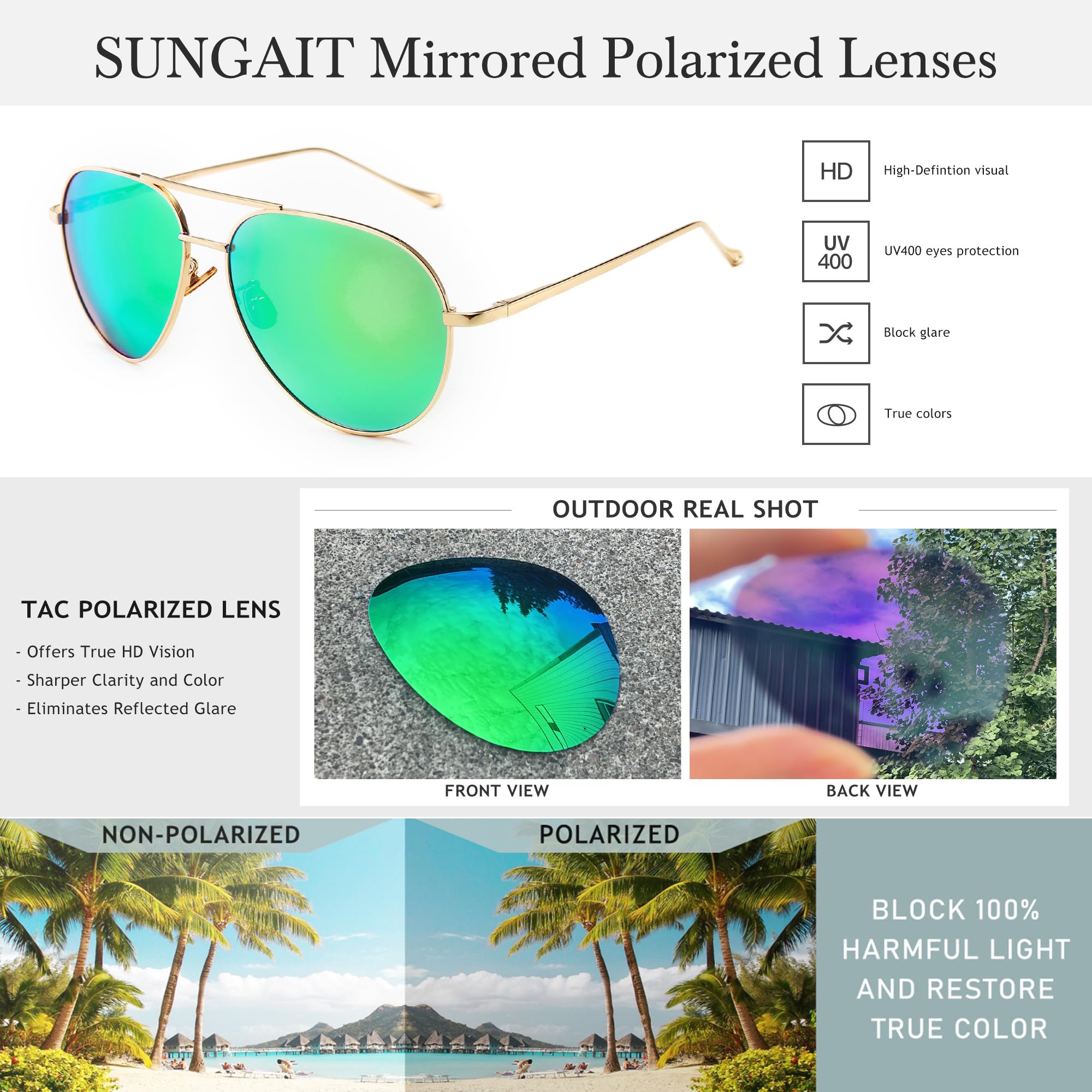 SUNGAIT Vintage Round Sunglasses for Women Men and Lightweight Oversized Aviator Sunglasses