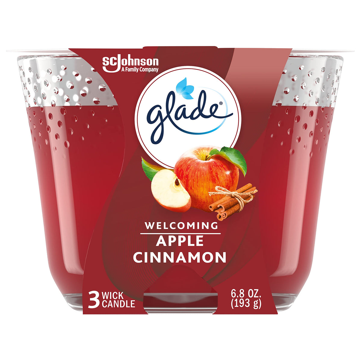 SC Johnson Glade 3 Wick Candle, Long-Lasting Essential Oil Infused, Welcoming Apple Cinnamon Scent, 6.8 oz