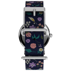 Timex Womens Watch Peanuts Weekender Casual Ladies Wristwatch - Featuring Snoopy and Woodstock in a Floral Motif, Silver-Tone Case with Blue Fabric Strap (31mm)