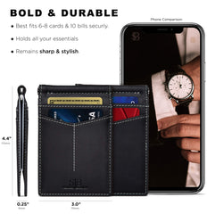 SERMAN BRANDS RFID Blocking Wallet Slim Bifold - Genuine Leather Minimalist Front Pocket Wallets for Men with Money Clip Gift - Charcoal Black Rogue