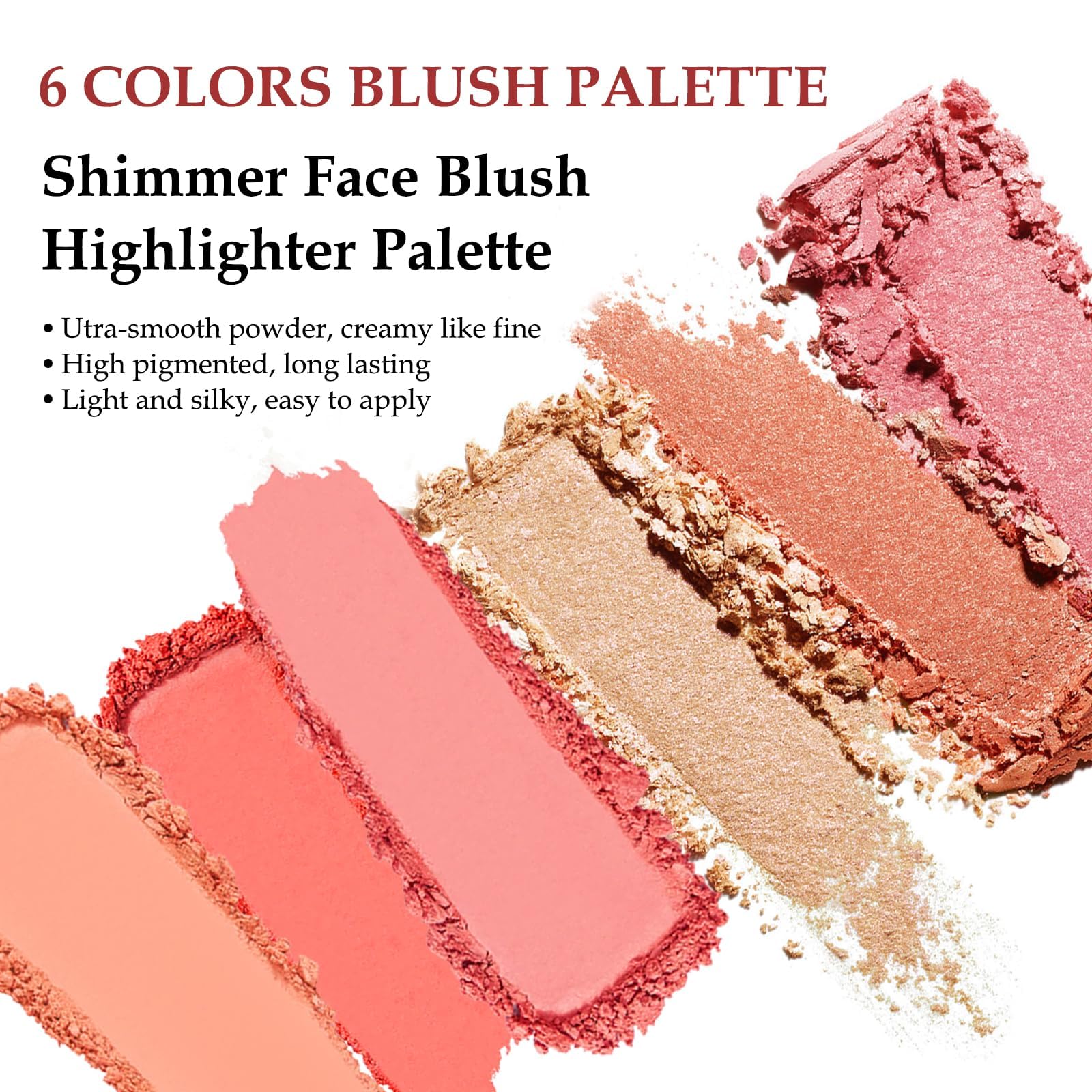 Azonee Blush Highlighter Palette with 1 Powder Blusher Brush, 6 Color Makeup Matte Shimmer Face Blushes Illuminator Palette Longlasting Contour Bronzer Palettes for a Redness and Glowing Look