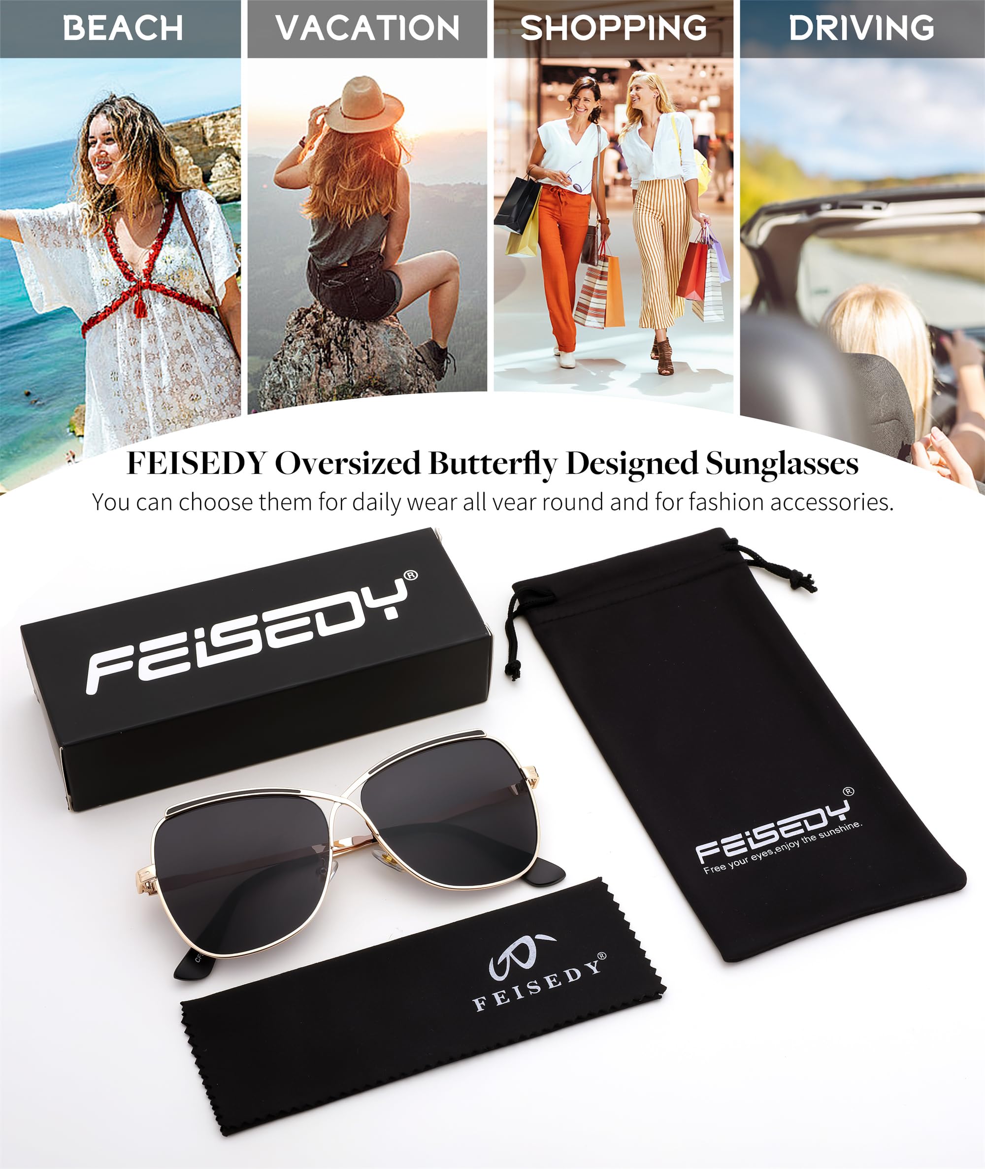 FEISEDY Womens Pilot Sunglasses Oversized Butterfly X Shape Design Cateye Cute Lady Sunglasses B2738