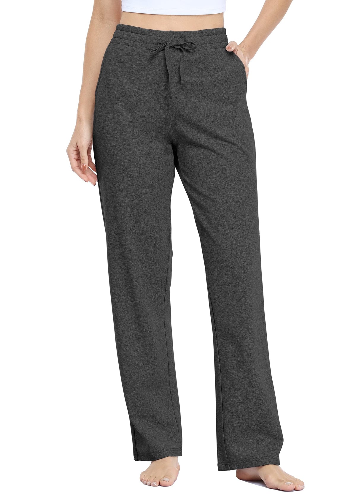 Willit Women's Cotton Sweatpants Open Bottom Yoga Sports Pants Straight Leg Lounge Loose Fit Athletic Pants with Pockets - Gray