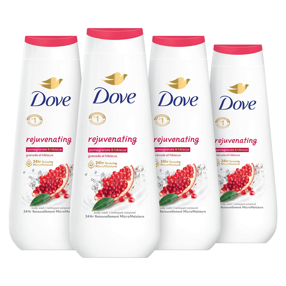Dove Body Wash Rejuvenating Pomegranate & Hibiscus 4 Count for Renewed, Healthy-Looking Skin Gentle Skin Cleanser with 24hr Renewing MicroMoisture 20 oz