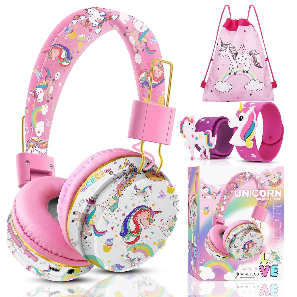 Wireless Unicorn Headphones for Kids, Unicorn Headphones for Girls, Bluetooth Headphones for Kids with Microphone, Adjustable Headset for Kids Ages 2+, Compatible with iPad/Fire Tablet - Multi