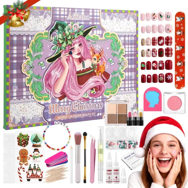 DE'LANCI Makeup Advent Calendar 2025 Teens Girl, 24 Days Christmas Countdown Face Eyes Lip Nail Beauty Advent Calendar for Girls Women, 24 Pcs Xmas Holiday Makeup Gifts Sets, Festival Surprise Full Makeup Kits