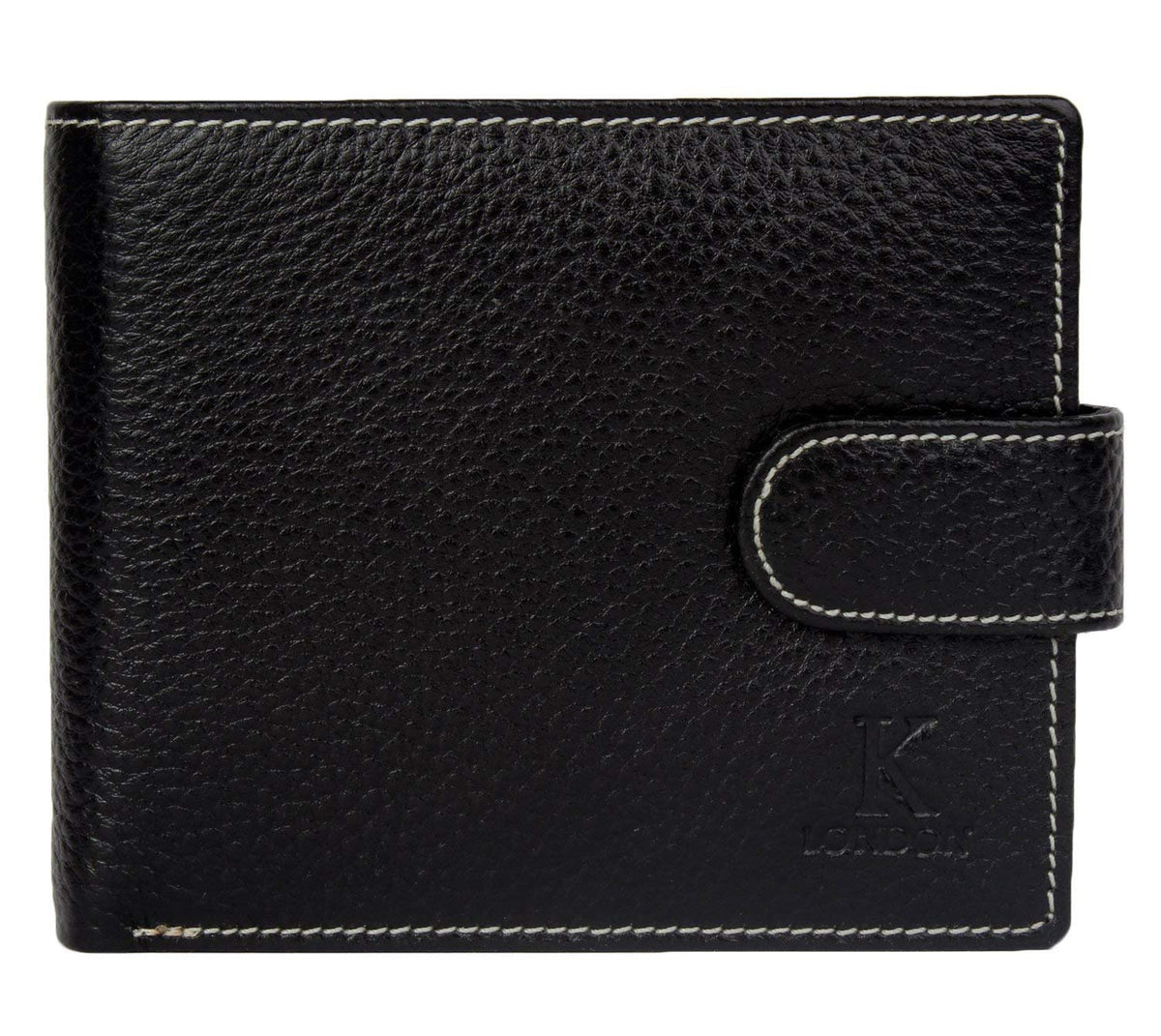 K London Real Leather Black Top Flap Contrast Stitch Premium Quality Men's Loop Wallet-1541_blk