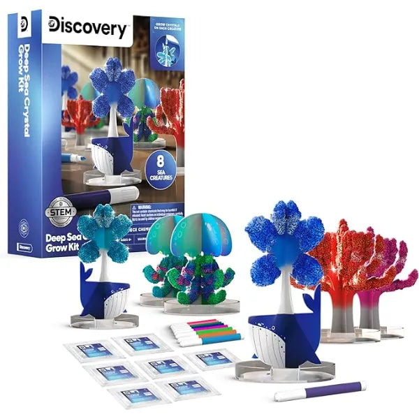 Discovery Deep Sea Crystal Grow Kit 32 Piece STEM Chemistry Lab for Kids Grow Colorful Crystals on 8 Sea Creatures Educational Craft Kit with Art Supplies DIY Science Activity Set Gift Ages 8+