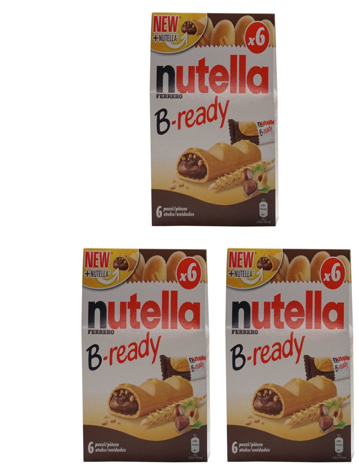 Nutella Ferrero B-ready NEW + a crisp wafer of bread in the form of mini - baguette stuffed with a creamy - 6 pieces ,4.6 oz (Pack of 3)