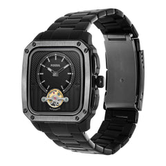 Fossil Inscription Men's Watch with Square Case and Stainless Steel, Silicone or Leather Band Black Auto