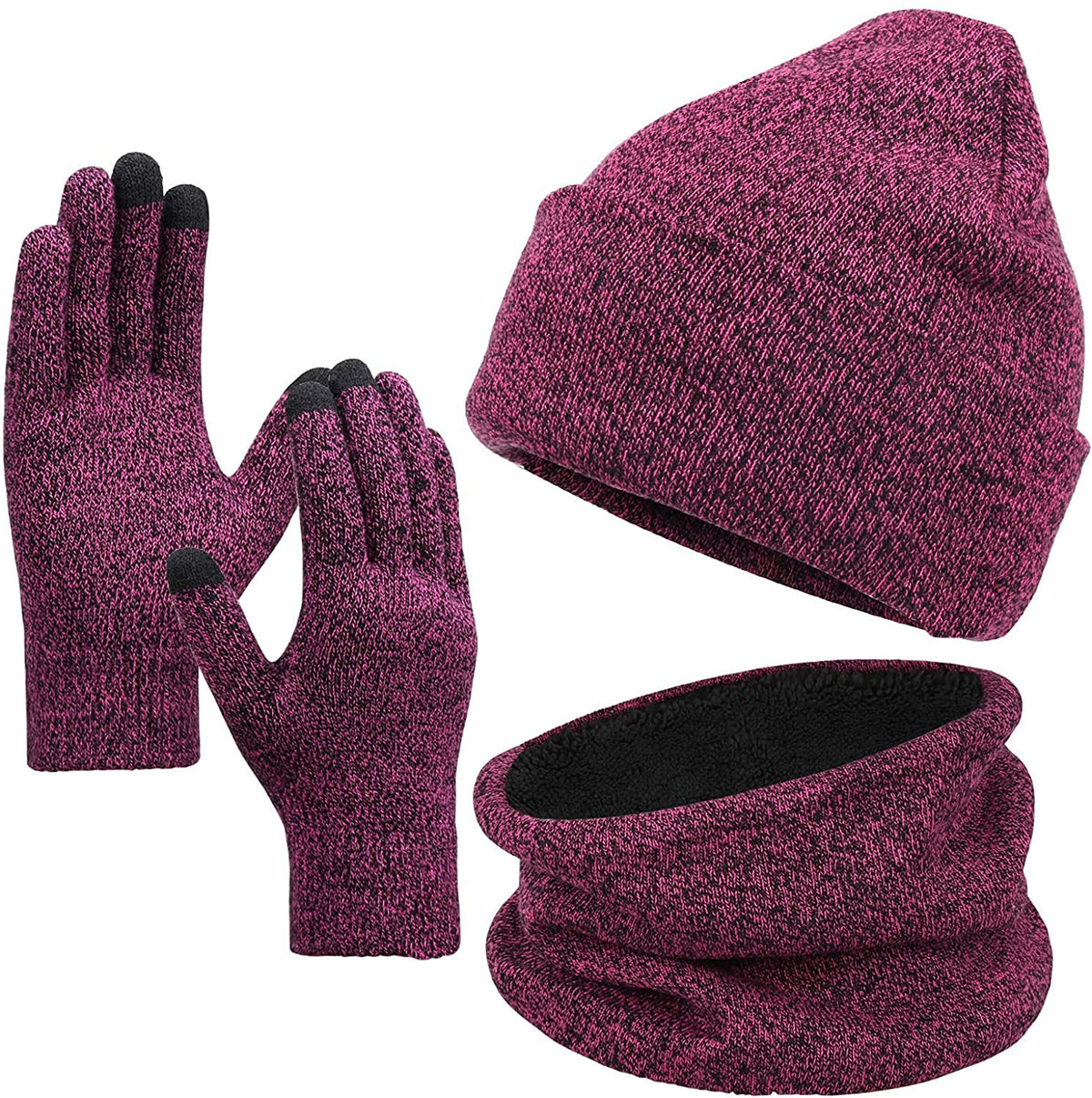 KASTWAVE Winter Beanie Hat Scarf Touchscreen Gloves Set Knit Thick Fleece Lined Warm Touchscreen Gloves Beanie Scarf Set for Men and Women. Women Winter Hats 3-Piece Warmer Set, One Size - Rose Red