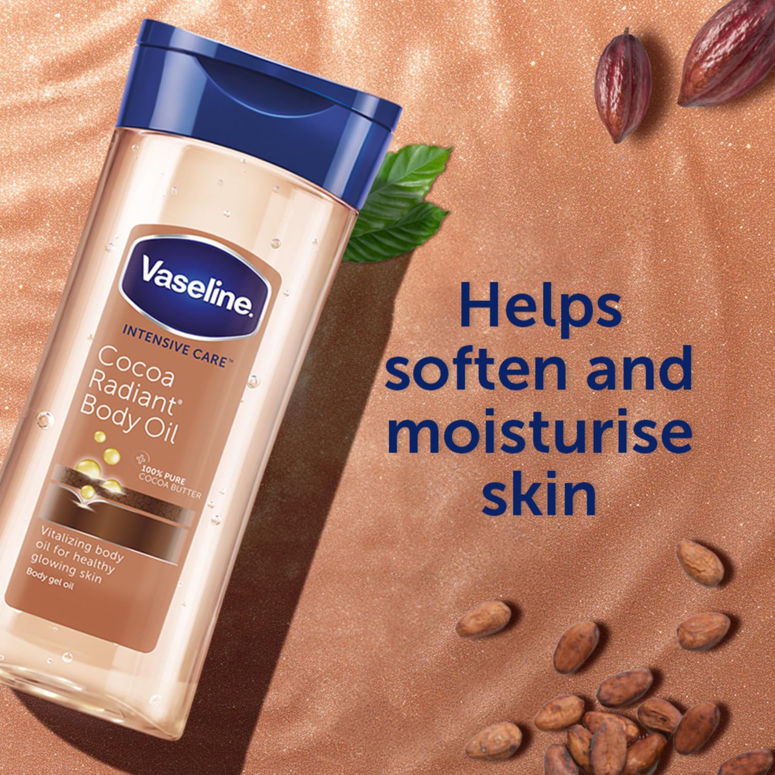 Vaseline Intensive Care Cocoa Radiant Vitalizing Body Oil With 100% Pure Cocoa Butter & Replenishing Oils For Long-Lasting Radiant Glow| Non-Greasy Body Gel Oil for Healthy & Glowing Skin - 200 ml