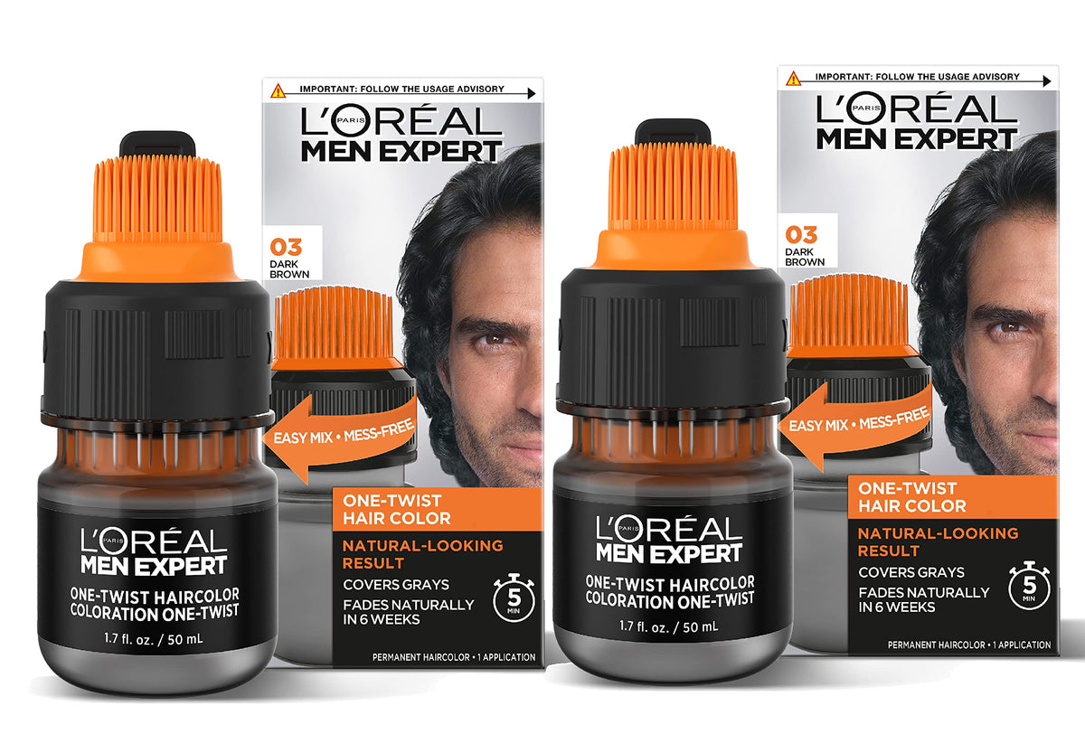 L'Oreal Paris Men Expert One Twist Haircolor, No Mix, No Mess, Just Twist, Shake, Apply, Fades Naturally In 6 Weeks, 5 Min Application time, No Ammonia, Pack 100% Recyclable, Dark Brown 03, 2 kit