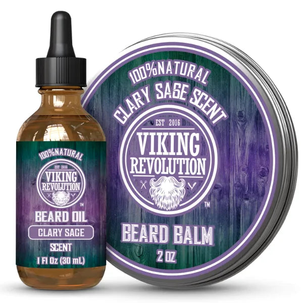 Viking Revolution Clary Sage Beard Balm for Men and Clary Sage Beard Oil Bundle - With Argan and Jojoba Oils - Soften and Moisturize your Beard
