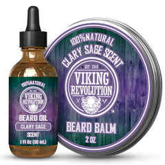 Viking Revolution Clary Sage Beard Balm for Men and Clary Sage Beard Oil Bundle - With Argan and Jojoba Oils - Soften and Moisturize your Beard