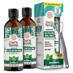 GuruNanda Starter Pulling Oil Mouthwash for Natural Teeth Whitening, Coconut and Peppermint Oil for Fresh Breath & Happy Gums, with Toothbrush & Tongue Scraper, Alcohol-Free, 8 Oz