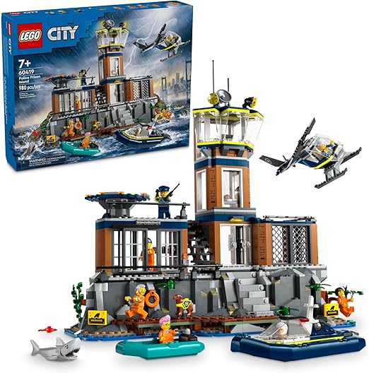 LEGO City Police Prison Island Toy Building Set, Birthday Gift for Boys and Girls Ages 7 Plus, Imaginative Play, Helicopter Toy, Boat Toy and Dinghy, 7 Minifigures with Dog and Shark Toy, 60419