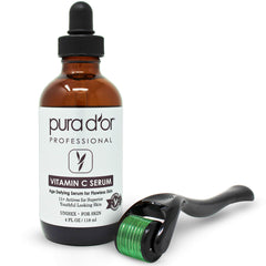 PURA D'OR Vitamin C Serum (4oz / 118mL) Hyaluronic Acid & Retinol + 0.25mm Derma Roller Microdermabrasion Complete Skin Care Cosmetic Kit For Face & Eyes, Dark Spots, Acne, Wrinkles, For Men & Women