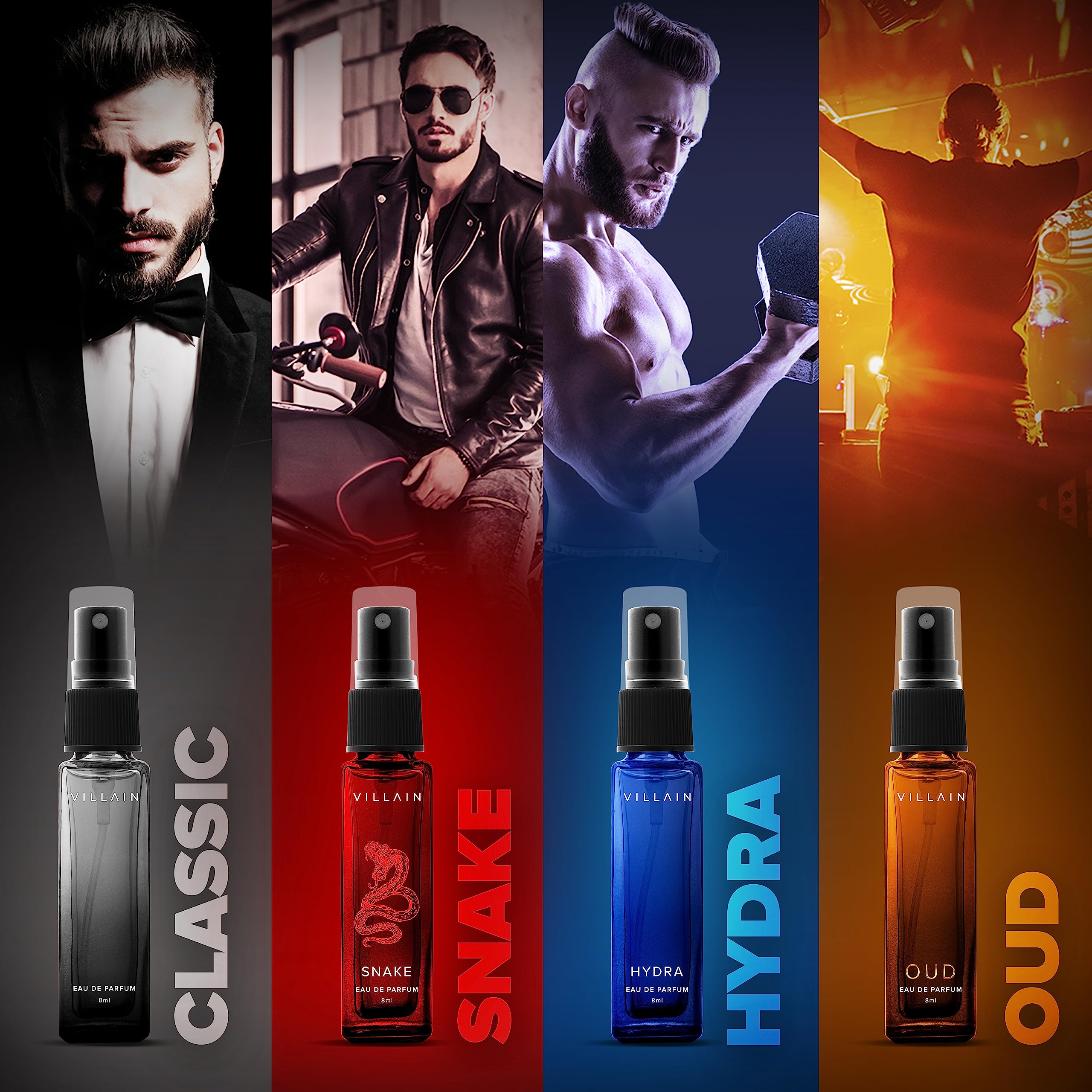 VILLAIN Heist Combo - 4 x 8ml | Premium Perfume Gift Set For Men | Eau De Parfum | Long Lasting Fragrance | Luxury Gift Kit