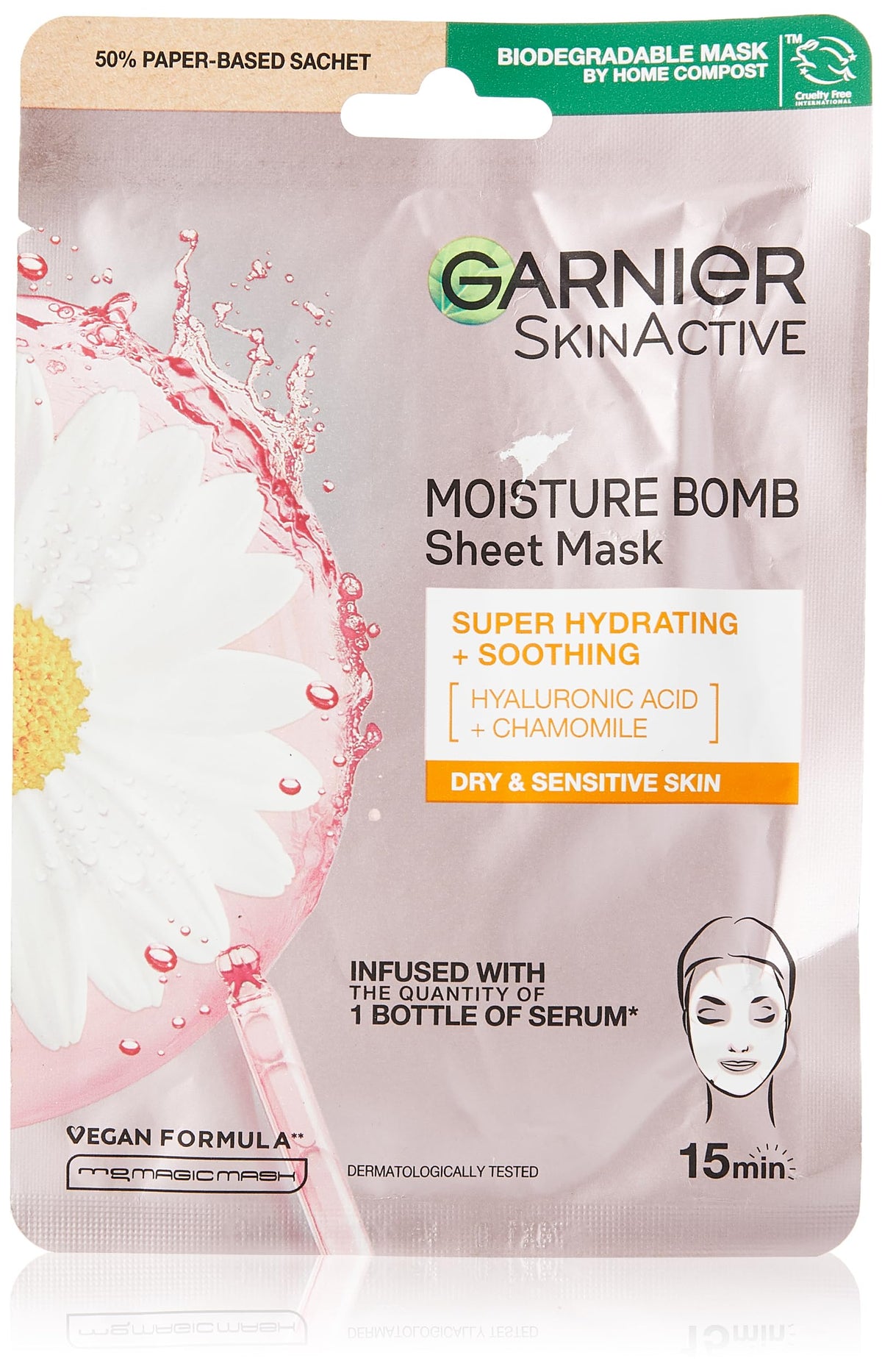 Garnier Moisture Bomb Chamomile And Hyaluronic Acid Sheet Mask, Hydrating & Soothing Face Mask, For Sensitive Skin, Biodegradable And Vegan Tissue, 28 G