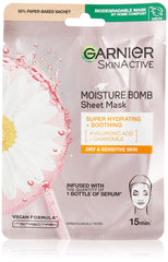 Garnier Moisture Bomb Chamomile And Hyaluronic Acid Sheet Mask, Hydrating & Soothing Face Mask, For Sensitive Skin, Biodegradable And Vegan Tissue, 28 G