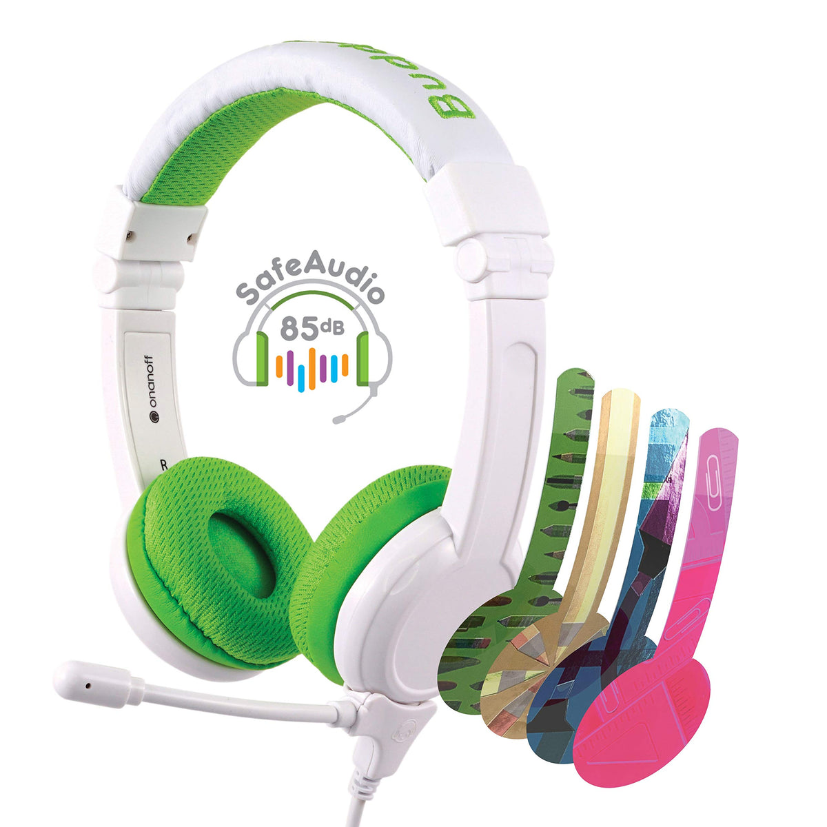 ONANOFF BuddyPhones SCHOOL PLUS - Volume-Safe Audio Headset for Kids, Foldable, Adjustable, w/Detachable 3.5mm Jack & High-Performance Beam Microphone, Perfect Home/On-line Study, Super Durable Green