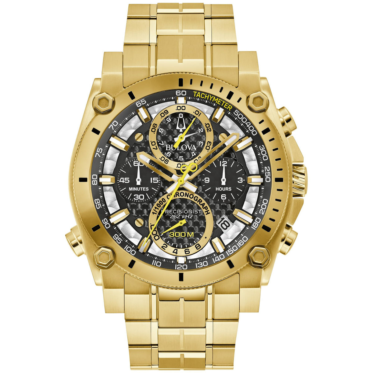 Bulova Men's Icon High Precision Quartz Chronograph Watch, Curved Mineral Crystal, 300m Water Resistant, Continuous Sweeping Secondhand, Luminous Markers - Gold Tone
