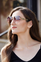 Rimless Sunglasses for Women Metal Square Frame Classic Diamond Grandient lens Eyewear UV Protection Fashion Shades for Women B2567