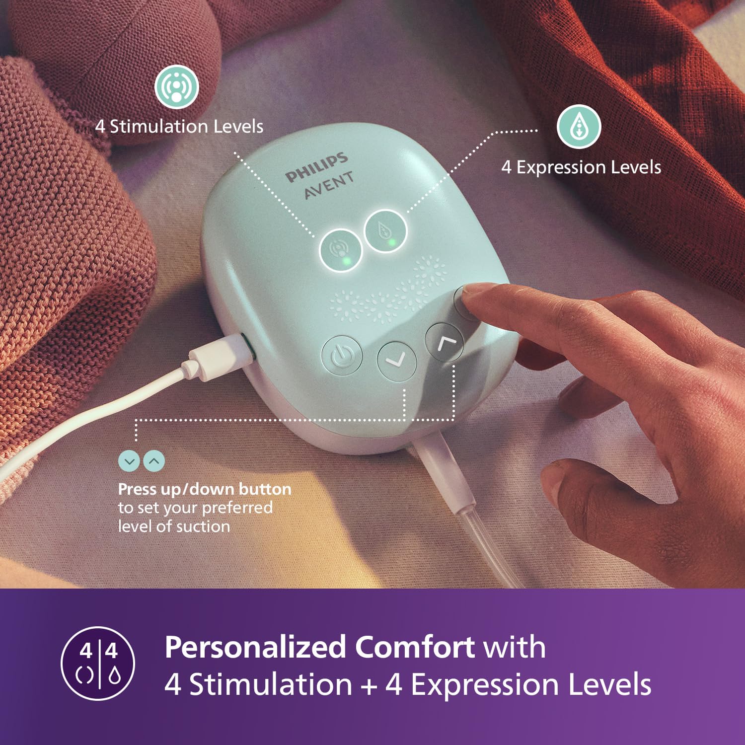 AVENT Philips Single Electric Breast Pump SCF323/11 | Soft Adaptable Cushion | Gently stimulates Milk Flow | 4 Massage Modes | Memory Function Remembers Last Setting | USB Charging | Portable Design