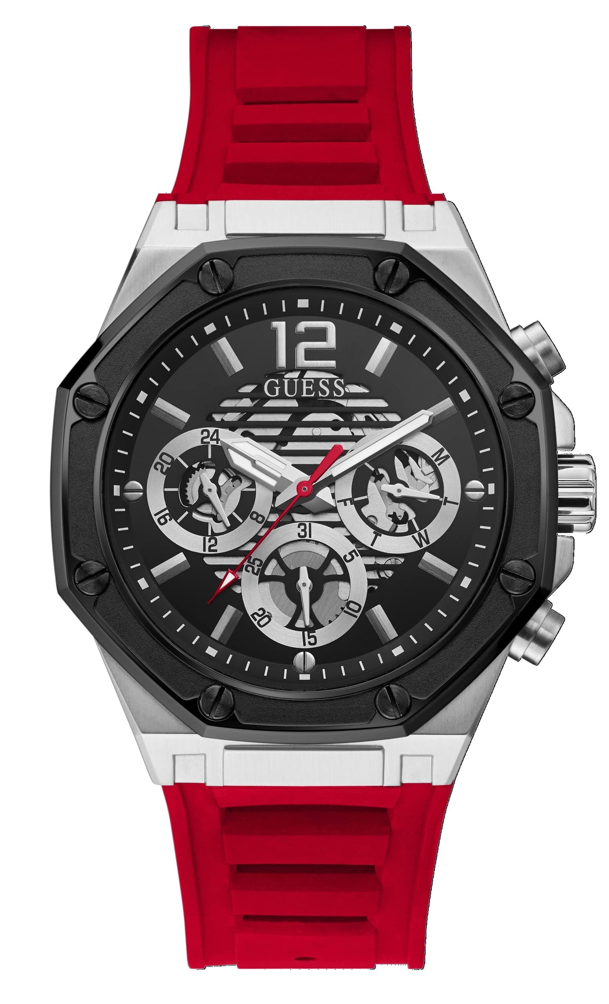 GUESS Men's Quartz Watch Stainless Steel case 44MM, Red Silicone Strap (Model: GW0263G3)