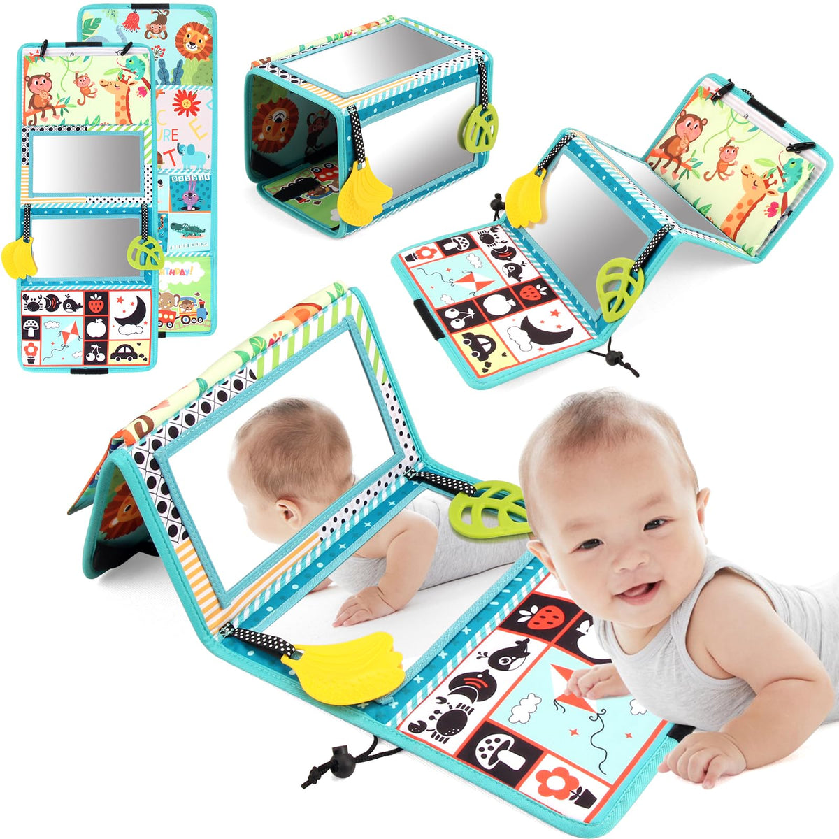 Joyfia Tummy Time Baby Mirror Toys Baby Toys 0-6 Months, Floor Mirror with Crinkle Cloth Book & Teethers, Double-sided Black and White High Contrast Toy, Infant Sensory Toys for Newborn 0-12 Months