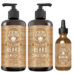 Viking Revolution Palo Santo Beard Wash and Beard Conditioner Kit for Men (17 Fl Oz each) and Palo Santo Beard Oil (1 Fl Oz) - Beard Softener, Strengthener and Moisturizer with Argan & Jojoba Oils