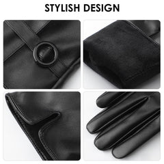 Winter Leather Gloves for Women, Touchscreen Texting Driving Gloves, Warm Fleece Lined Womens Gloves for Cold Weather - Black