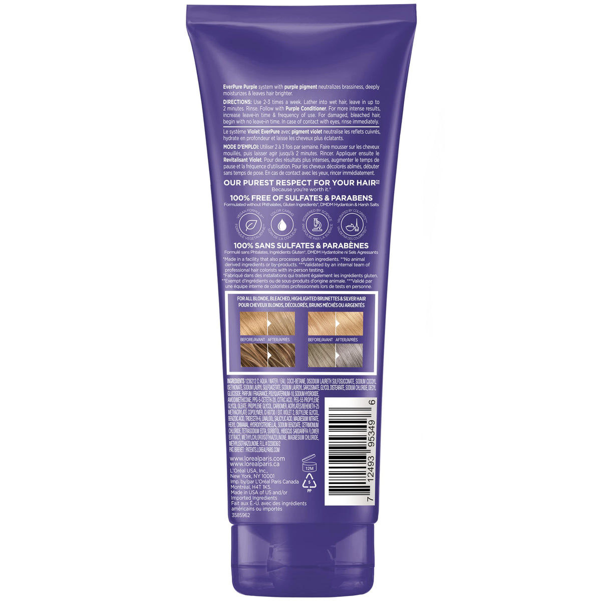 L’Oréal Paris Hair Care EverPure Sulfate Free Brass Toning Purple Shampoo for Blonde, Bleached, Silver, or Brown Highlighted Hair, 6.8 Fl. Oz