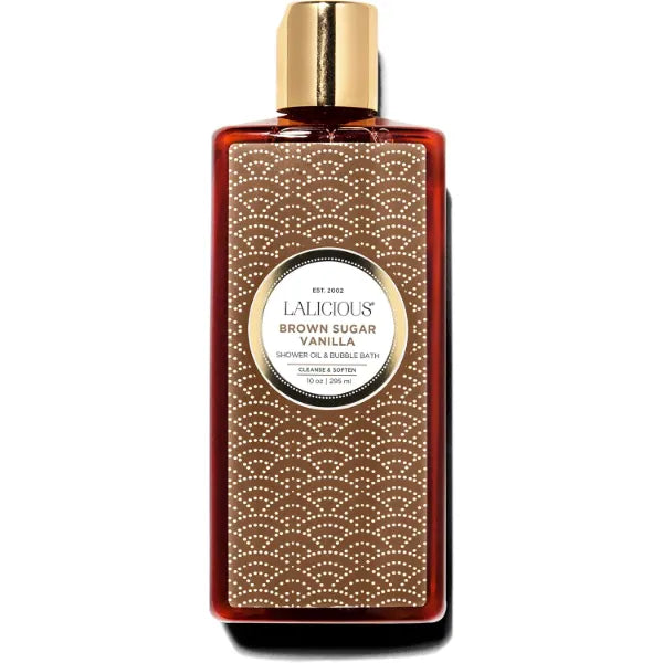 LaLicious Brown Sugar Vanilla Shower Oil & Bubble Bath - Shower Cleanser with Topical Probiotics & Grapeseed Oil, No Parabens - 10oz