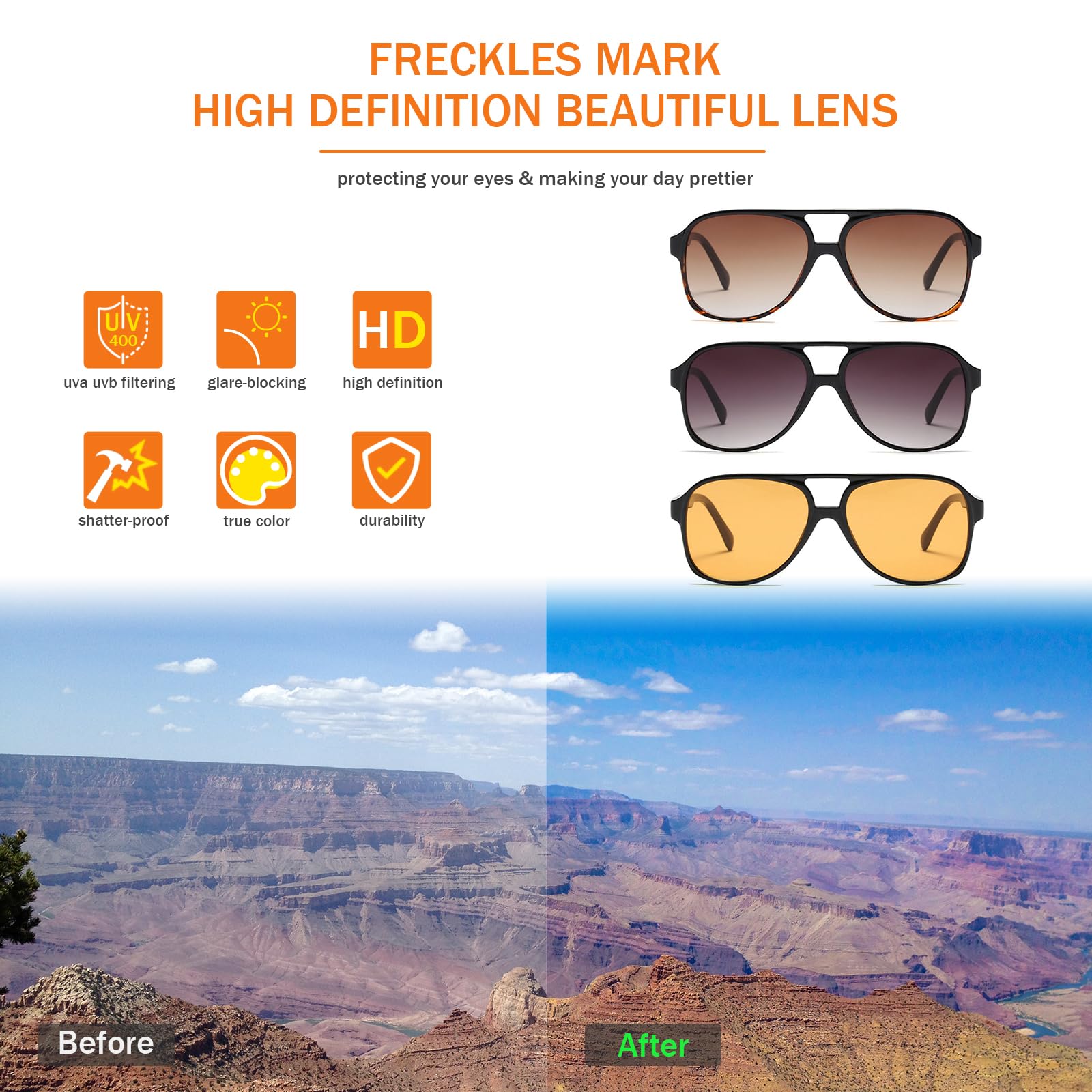 Freckles Mark Vintage Retro 70s Sunglasses for Women Men Classic Large Squared Aviator Frame UV400 Trendy Orange Glasses