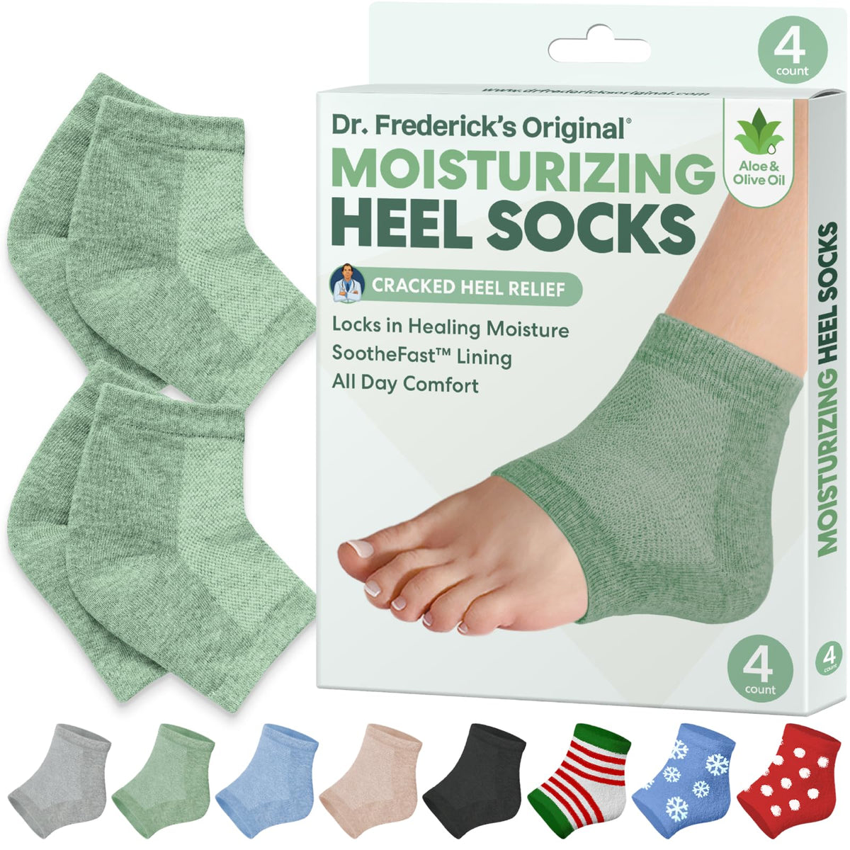 Dr. Frederick's Original Moisturizing Heel Socks for Cracked Heel Treatment - 2 Pairs - Socks for Dry Feet - Cracked Skin Repair & Overnight Hydration - Foot Care for Women & Men - Green Aloe