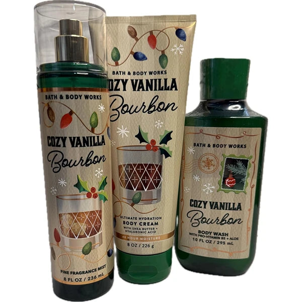 Bath & Body Works Women's Cozy Vanilla Bourbon Wash Shower Gel, Body Cream, and Fine Fragrance Mist 3 Piece Set