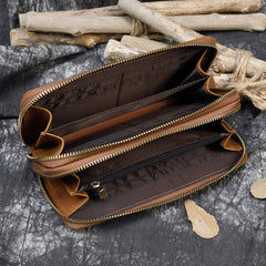 LUUFAN Men's Genuine Leather Long Wallet Chain Wallet Card holder Wallet with Coin Pocket - Brown