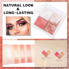 GEEWHILE Shimmer Blushers For Cheeks Make Up, 4 Colors Long-Lasting Blush Palette, 3 In 1 Blusher Contouring Highlighting, Natural-Looking Powder Blush for Women, Smudge-proof & Sweat-Resistant Blush