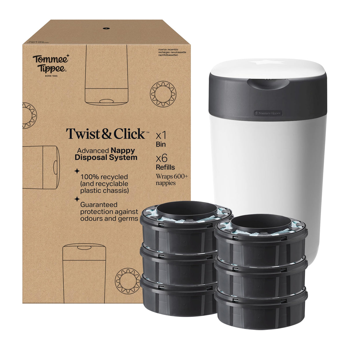 Tommee Tippee Twist and Click Nappy Bin Starter Set, 6x Refill Cassettes with Multilayer, Antibacterial Film, 100% Recycled Chassis, White (pack may vary)