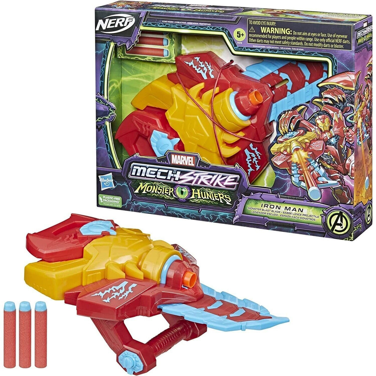 Marvel Avengers Mech Strike Monster Hunters Iron Man Monster Blast Blade Roleplay Toy With 3 Nerf Darts, Toys For Kids Ages 5 And Up, M