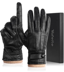 yafeite Winter Leather Gloves for Men, Genuine Sheepskin Black Leather Warm Cashmere Gloves