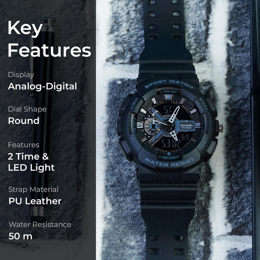 SKMEI Men's Digital Sports Watch, LED Square Large Face Analog Quartz Wrist Watch with Multi-Time Zone Waterproof Stopwatch