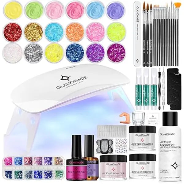 Glamonade Acrylic Nail Kit with Everything Professional Nail Kit Set for Beginners with Acrylic Powder Liquid 12 Glitters 6 Carving Powders Nail Tools UV light