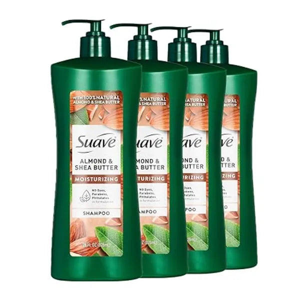 Suave Moisturizing Shampoo With 100% Natural Almond & Shea Butter, Replenishing Hair Care For Dry, Damaged Hair No Parabens, Phthalates, or Dyes, 4 Pack