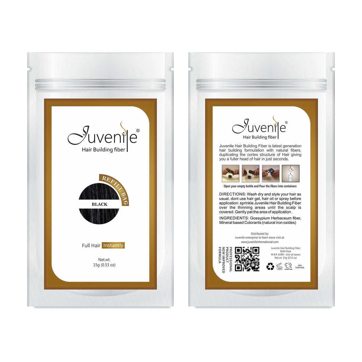 Juvenil Black Hair Fibers Refill Pack, 15g